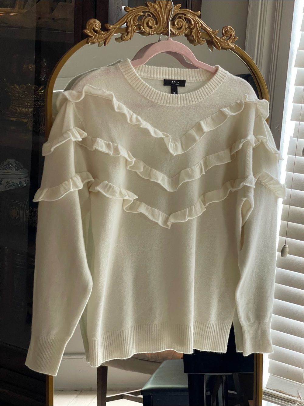 Aqua 100% Cashmere Cream Ruffle Knit Sweater